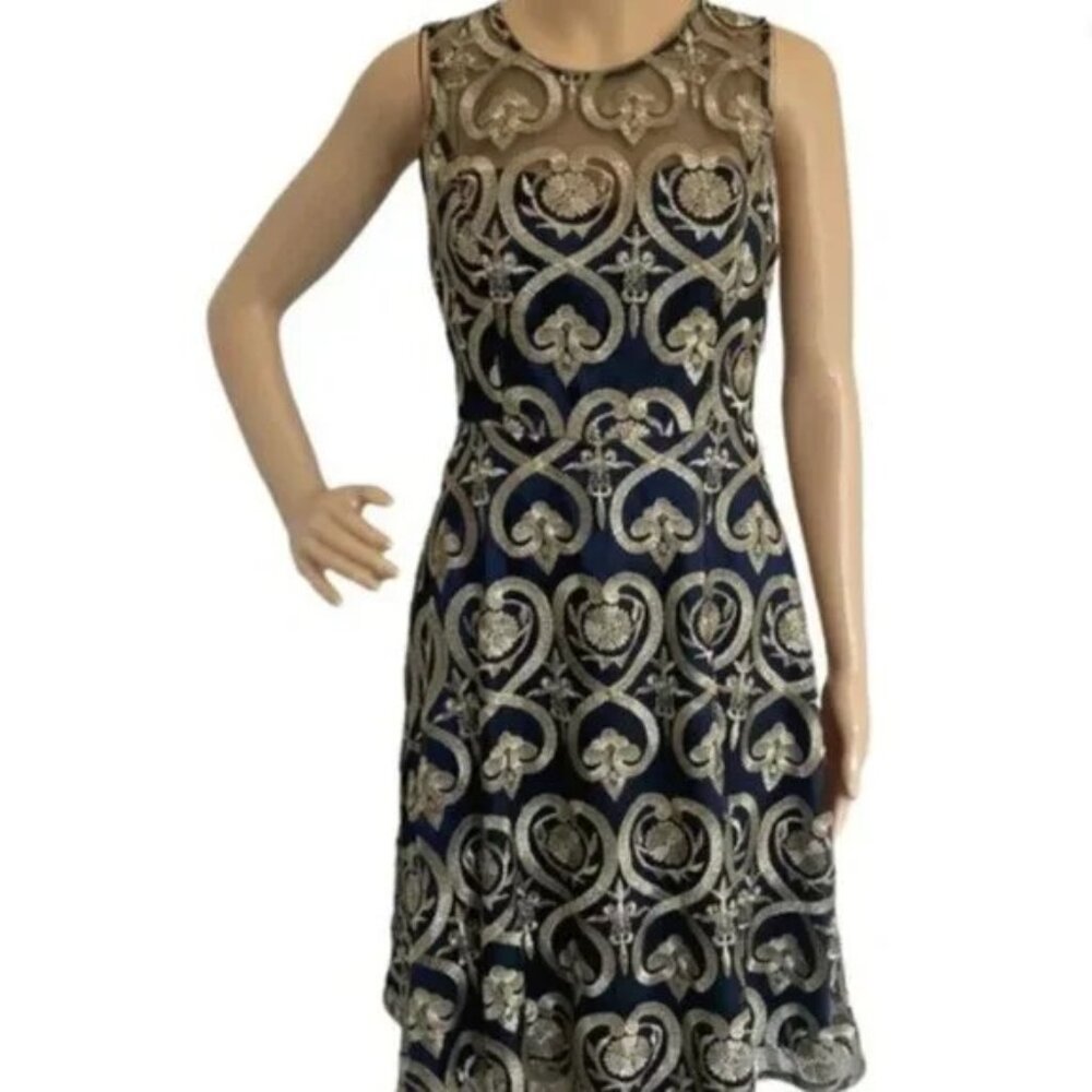 Modcloth Liza Luxe Gold Pattern Navy Blue Sleeveless Dress XL NWT